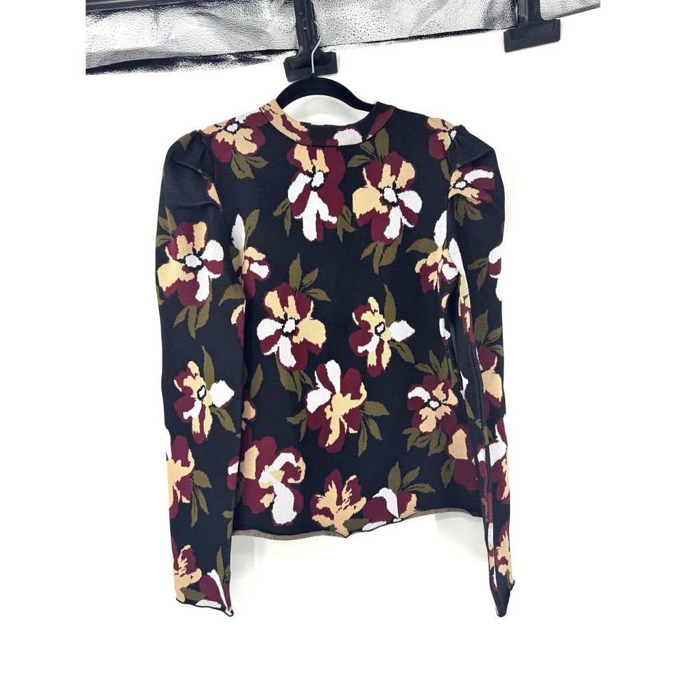 Shop Stevie Floral Puffed Shoulder Knit Sweater Top Black Burgundy Large